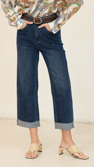 ג'ינס פולי בגזרה גבוהה ישרה ומתרחבת בשילוב קיפול בסופו-olala